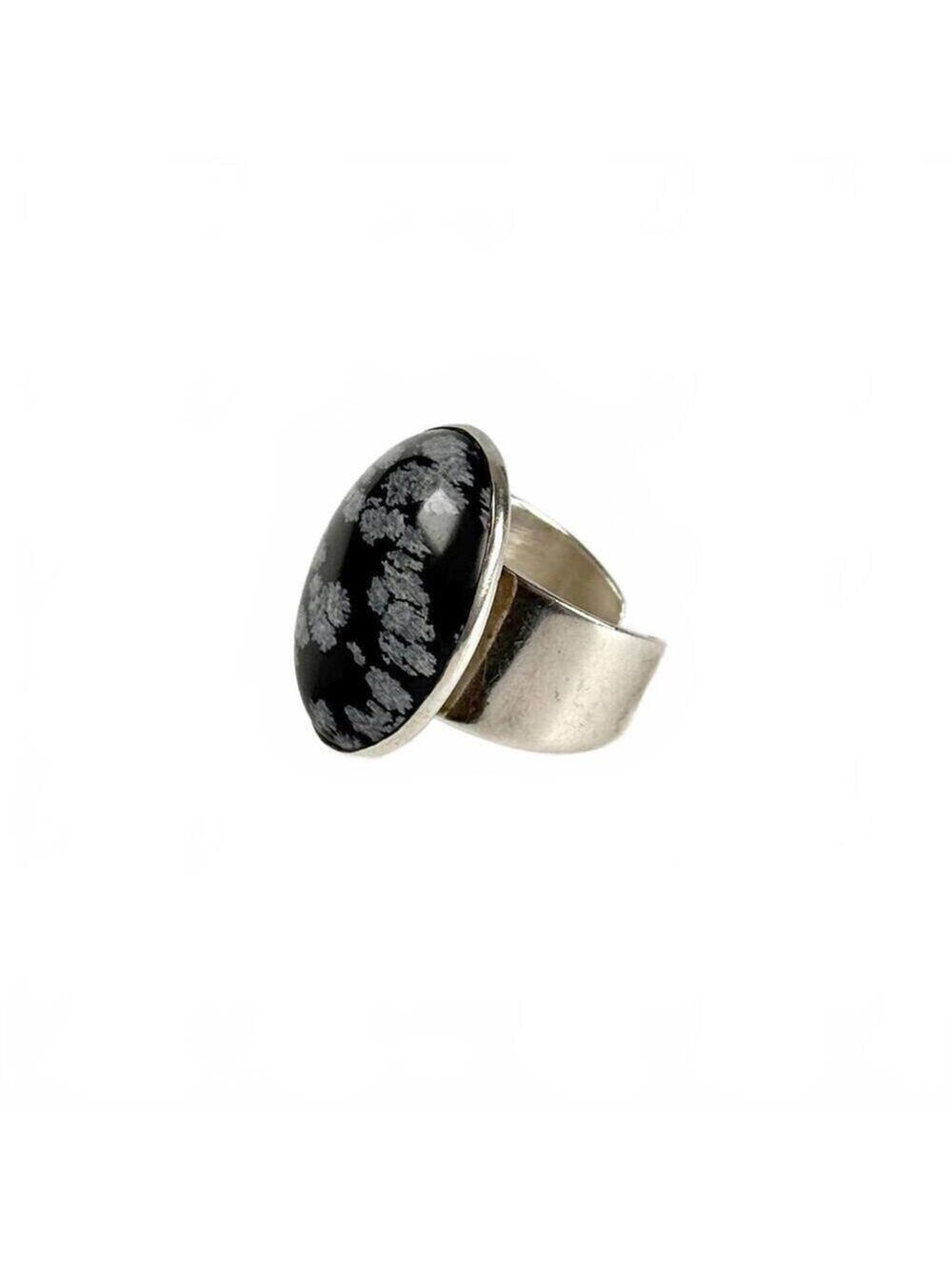 Vintage Snowflake Obsidian Cabochon & Birmingham British Sterling Silver Ring